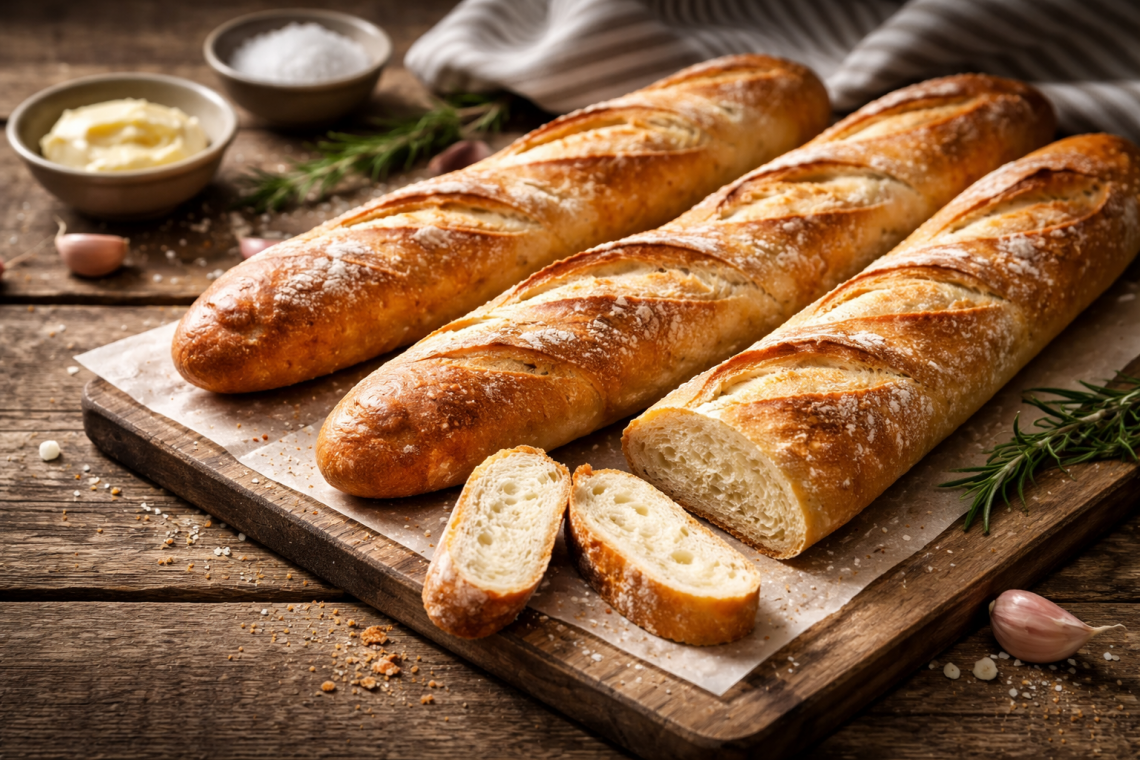 Fotorealistisches Beitragsbild: Frische, knusprige Baguettes auf rustikalem Holzbrett – Rezept: Schnelles Baguette ohne Kneten