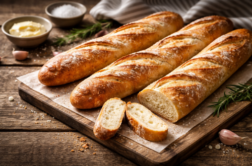 Fotorealistisches Beitragsbild: Frische, knusprige Baguettes auf rustikalem Holzbrett – Rezept: Schnelles Baguette ohne Kneten