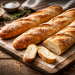 Fotorealistisches Beitragsbild: Frische, knusprige Baguettes auf rustikalem Holzbrett – Rezept: Schnelles Baguette ohne Kneten