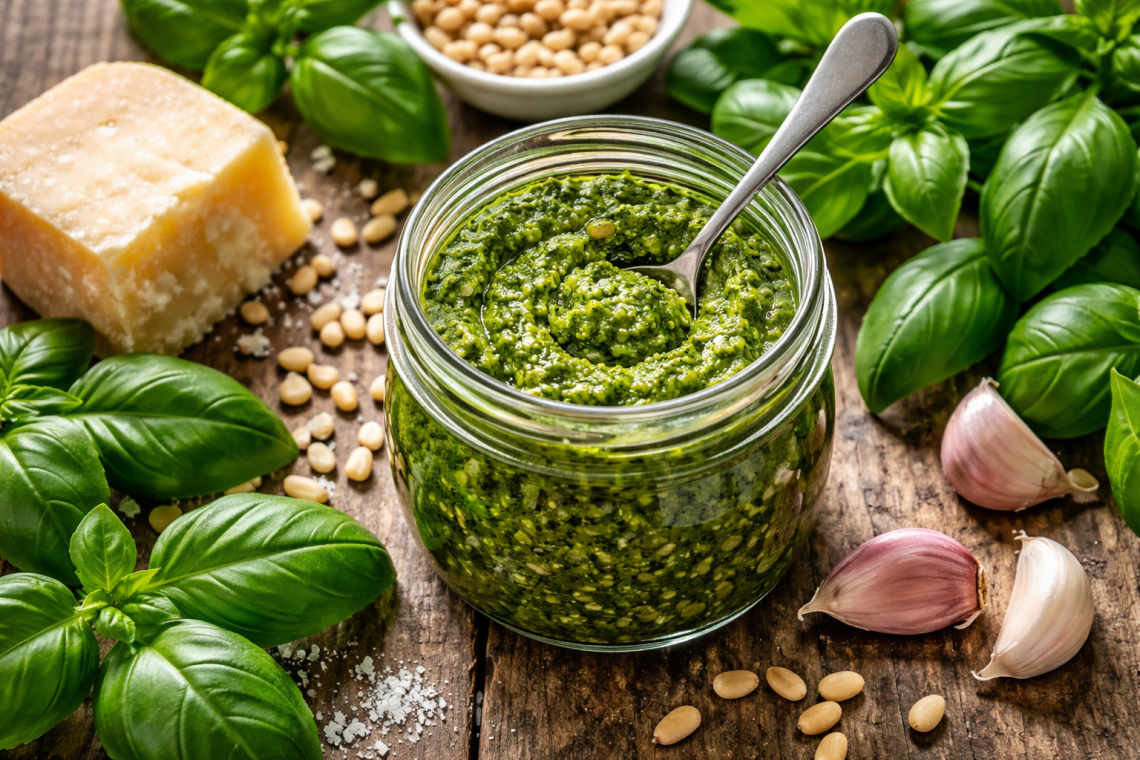 Frisches selbstgemachtes Basilikum-Pesto im Glas mit Löffel, umgeben von Basilikumblättern, Pinienkernen, Knoblauch und Parmesan auf rustikalem Holztisch – Rezept Basilikum-Pesto