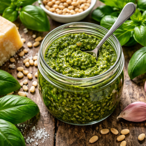 Frisches selbstgemachtes Basilikum-Pesto im Glas mit Löffel, umgeben von Basilikumblättern, Pinienkernen, Knoblauch und Parmesan auf rustikalem Holztisch – Rezept Basilikum-Pesto