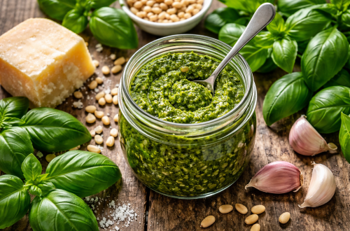 Frisches selbstgemachtes Basilikum-Pesto im Glas mit Löffel, umgeben von Basilikumblättern, Pinienkernen, Knoblauch und Parmesan auf rustikalem Holztisch – Rezept Basilikum-Pesto