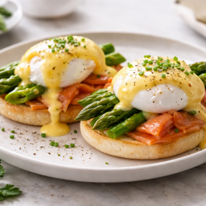 Egg Benedict mit Räucherlachs und grünen Spargeln auf einem Teller – Rezeptbild