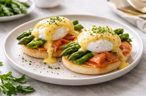 Egg Benedict mit Räucherlachs und grünen Spargeln auf einem Teller – Rezeptbild