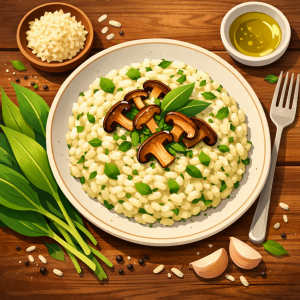 Digitale Illustration eines cremigen Bärlauchrisottos mit Shiitake-Pilzen auf einem Teller