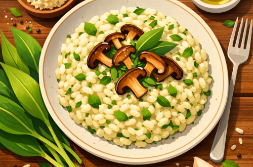 Digitale Illustration eines cremigen Bärlauchrisottos mit Shiitake-Pilzen auf einem Teller