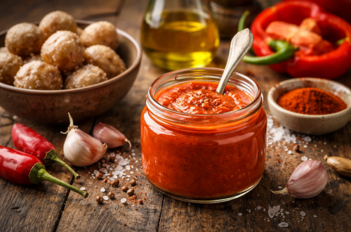 Fotorealistische Aufnahme einer roten Mojo-Soße (Mojo Rojo) in einem Glas auf rustikalem Holztisch, daneben kanarische Salz-Kartoffeln, Knoblauch, rote Chili und Olivenöl – typische Zutaten der kanarischen Paprikasoße.