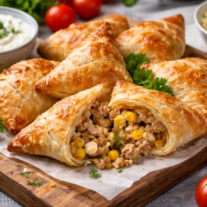 Goldbraune Blätterteig-Ecken mit würziger Mett-Feta-Füllung und Mais auf einem Holzbrett, serviert mit Tzatziki und frischen Kräutern – herzhaftes Snack-Rezept.