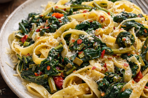 Fotorealistischer Teller Pasta mit Mangold, Knoblauch, Chiliflocken und frisch geriebenem Parmesan, in Olivenöl geschwenkt, serviert auf einem rustikalen Holztisch.
