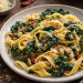 Fotorealistischer Teller Pasta mit Mangold, Knoblauch, Chiliflocken und frisch geriebenem Parmesan, in Olivenöl geschwenkt, serviert auf einem rustikalen Holztisch.