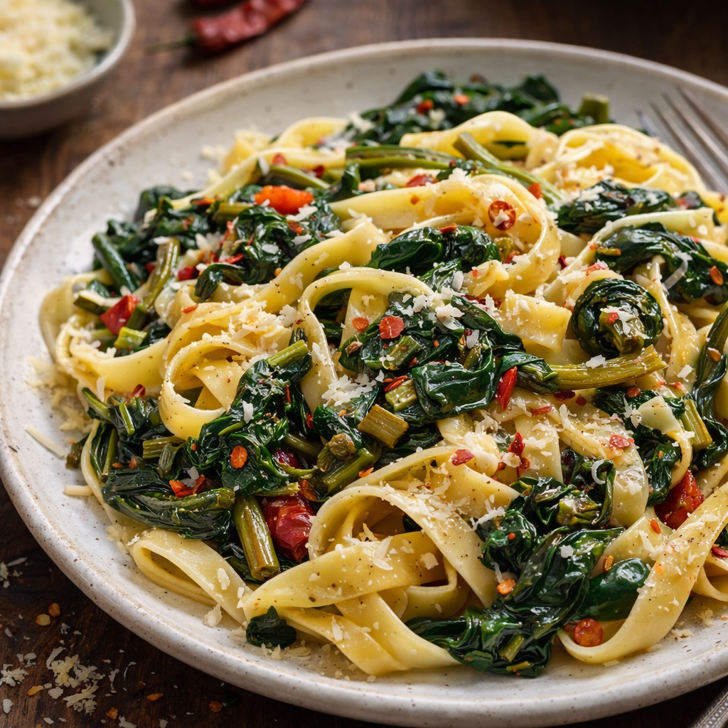 Fotorealistischer Teller Pasta mit Mangold, Knoblauch, Chiliflocken und frisch geriebenem Parmesan, in Olivenöl geschwenkt, serviert auf einem rustikalen Holztisch.