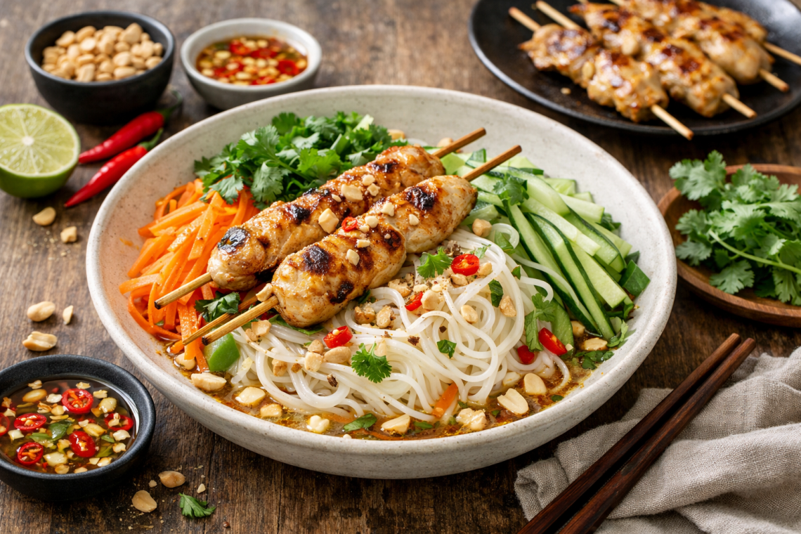Fotorealistischer vietnamesischer Nudelsalat mit Reisnudeln, gegrillten Hähnchenspießen, Gurkenstreifen, Karotten, frischem Koriander und gehackten Erdnüssen in einer Schale, serviert mit würzigem Dressing auf rustikalem Holztisch