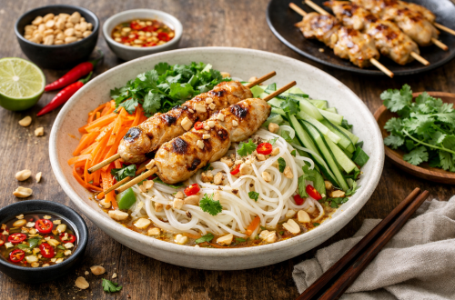 Fotorealistischer vietnamesischer Nudelsalat mit Reisnudeln, gegrillten Hähnchenspießen, Gurkenstreifen, Karotten, frischem Koriander und gehackten Erdnüssen in einer Schale, serviert mit würzigem Dressing auf rustikalem Holztisch