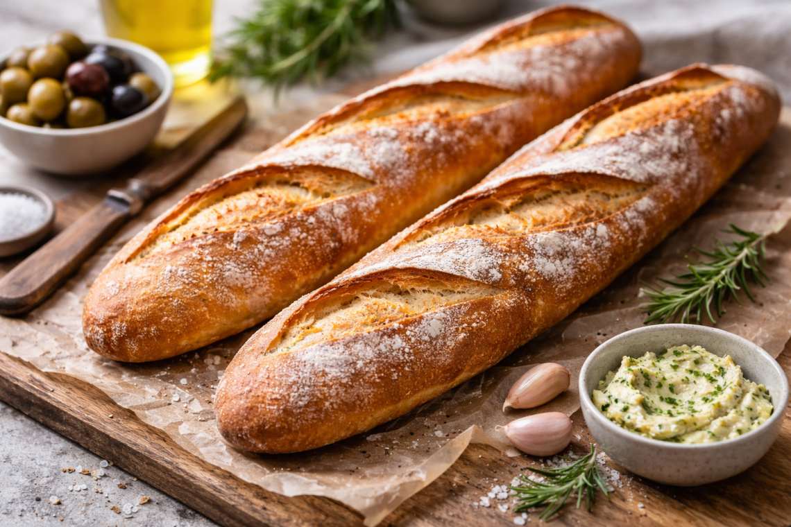 Frisch gebackene, goldbraune Baguettes mit knuspriger Kruste auf einem rustikalen Holzbrett mit Backpapier. Daneben stehen eine Schale Kräuterbutter, Oliven, Knoblauchzehen und Rosmarinzweige. Die Aufnahme wirkt warm und einladend und zeigt die knusprige Oberfläche sowie die handwerkliche Optik des selbst gebackenen Brotes.