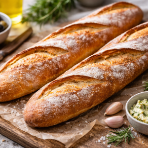 Frisch gebackene, goldbraune Baguettes mit knuspriger Kruste auf einem rustikalen Holzbrett mit Backpapier. Daneben stehen eine Schale Kräuterbutter, Oliven, Knoblauchzehen und Rosmarinzweige. Die Aufnahme wirkt warm und einladend und zeigt die knusprige Oberfläche sowie die handwerkliche Optik des selbst gebackenen Brotes.