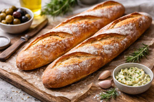 Frisch gebackene, goldbraune Baguettes mit knuspriger Kruste auf einem rustikalen Holzbrett mit Backpapier. Daneben stehen eine Schale Kräuterbutter, Oliven, Knoblauchzehen und Rosmarinzweige. Die Aufnahme wirkt warm und einladend und zeigt die knusprige Oberfläche sowie die handwerkliche Optik des selbst gebackenen Brotes.