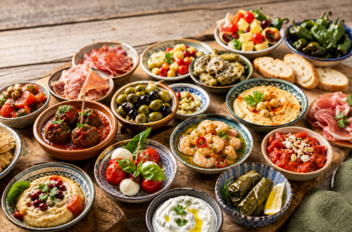 Frisch angerichtetes internationales Tapas-Buffet auf einem rustikalen Holztisch mit verschiedenen Häppchen, darunter Oliven, Hummus, Garnelen, Fleischbällchen in Tomatensauce, gefüllte Weinblätter, Antipasti, Käse, luftgetrockneter Schinken und frisches Baguette. Farbenfrohe Auswahl an Vorspeisen aus verschiedenen Ländern für ein geselliges Buffet.