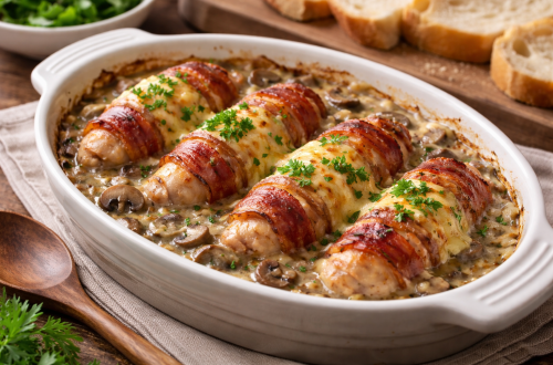Saftige Hähnchenfilets im Speckmantel mit cremiger Champignonsoße und goldbraun überbackenem Käse in einer Auflaufform, garniert mit frischer Petersilie.