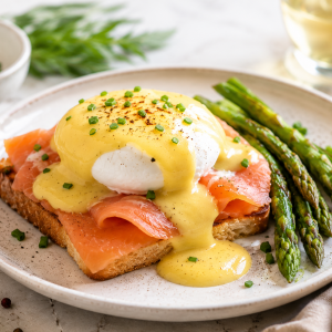 Egg Benedict mit Räucherlachs und grünem Spargel auf knusprigem Toast, serviert auf einem hellen Keramikteller. Das pochierte Ei ist mit cremiger Sauce Hollandaise überzogen und mit frischem Schnittlauch garniert. Daneben liegen gebratene Spargelstangen, Pfefferkörner und frische Kräuter. Helles, natürliches Food-Foto in hochwertiger Brunch-Optik.