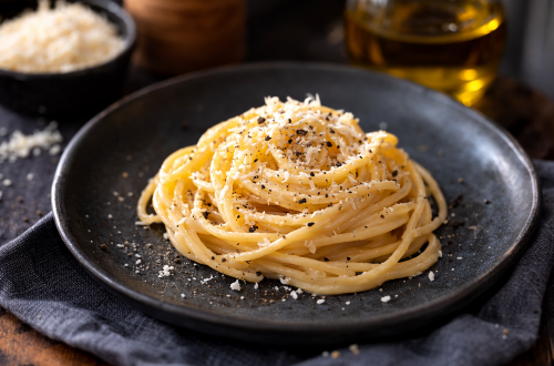 Fotorealistische Spaghetti Carbonara auf einem dunklen Keramikteller, cremig angerichtet und mit geriebenem Pecorino sowie frisch gemahlenem schwarzem Pfeffer verfeinert. Serviert auf einem rustikalen Holztisch mit stimmungsvoll unscharfem Hintergrund im italienischen Stil. 🍝🇮🇹