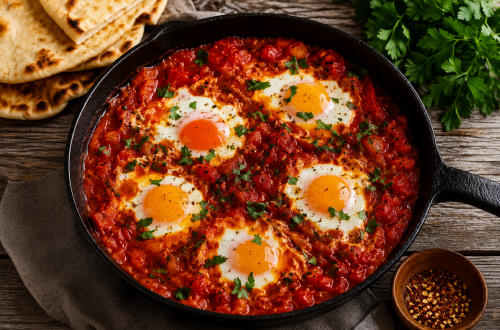 Shakshuka in einer gusseisernen Pfanne mit Eiern, würziger Tomatensauce, frischer Petersilie und Fladenbrot auf rustikalem Holztisch.