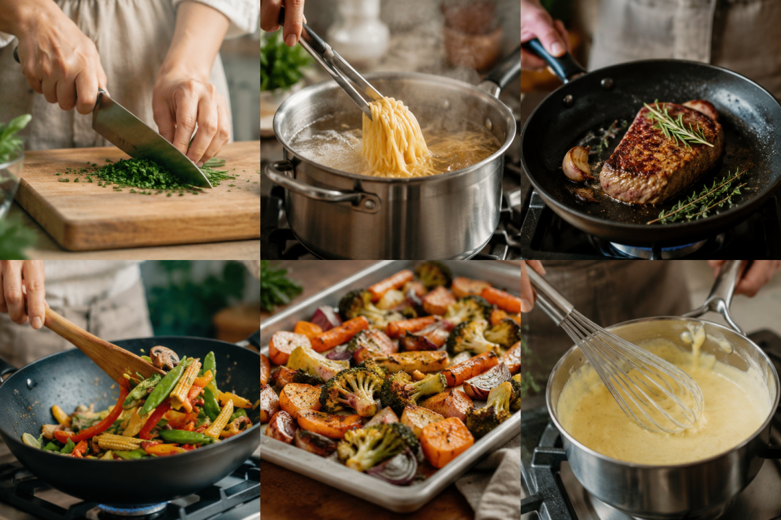 Fotorealistische Collage verschiedener Kochtechniken in einer modernen Küche: frische Kräuter werden gehackt, Pasta kocht in einem Edelstahltopf, ein Steak brät in der Pfanne, Gemüse wird im Wok geschwenkt, Ofengemüse röstet auf einem Backblech und eine Sauce wird mit einem Schneebesen aufgeschlagen. Die Bildkomposition veranschaulicht grundlegende Kochtechniken für Einsteiger und Hobbyköche.