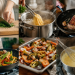 Fotorealistische Collage verschiedener Kochtechniken in einer modernen Küche: frische Kräuter werden gehackt, Pasta kocht in einem Edelstahltopf, ein Steak brät in der Pfanne, Gemüse wird im Wok geschwenkt, Ofengemüse röstet auf einem Backblech und eine Sauce wird mit einem Schneebesen aufgeschlagen. Die Bildkomposition veranschaulicht grundlegende Kochtechniken für Einsteiger und Hobbyköche.