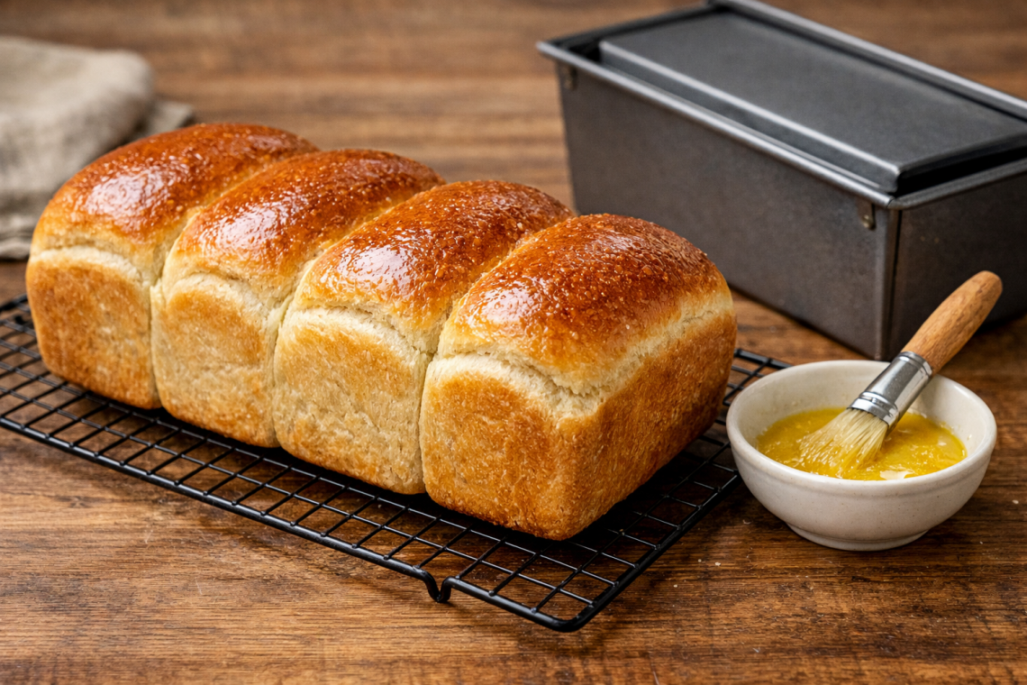 Frisch gebackenes Dinkel-Toastbrot mit goldbrauner Kruste auf einem Kuchengitter, daneben geschmolzene Butter und eine Toastbrot-Backform auf einer Holzarbeitsfläche.