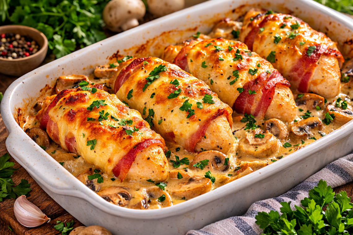 Saftige Hähnchenfilets im Speckmantel mit cremiger Champignonsoße und goldbraun überbackenem Käse in einer Auflaufform, garniert mit frischer Petersilie.