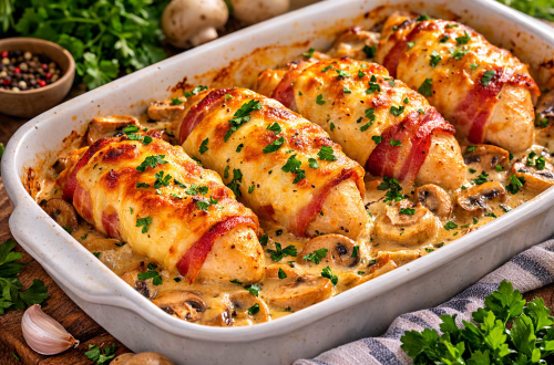 Saftige Hähnchenfilets im Speckmantel mit cremiger Champignonsoße und goldbraun überbackenem Käse in einer Auflaufform, garniert mit frischer Petersilie.