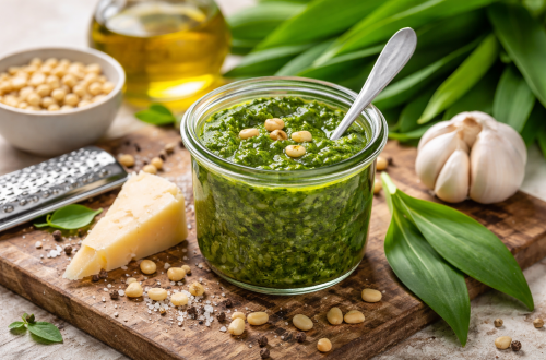 Fotorealistisches Bild von selbstgemachtem Bärlauchpesto mit Pinienkernen und Parmesan in einem Glas, umgeben von frischem Bärlauch, Olivenöl, Knoblauch und geriebenem Parmesan auf einem rustikalen Holzbrett.