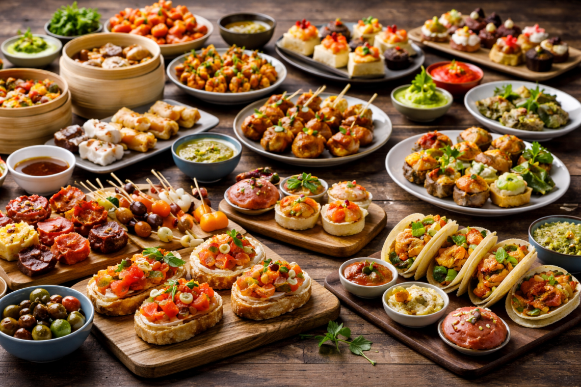 Internationale Tapas und kleine Häppchen aus aller Welt auf einem rustikalen Holztisch angerichtet – vielfältiges Buffet mit Bruschetta, Spießen, Oliven, Dips und mediterranen Snacks.