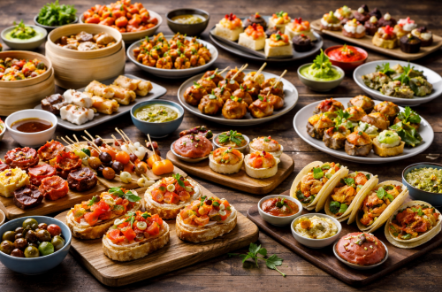 Internationale Tapas und kleine Häppchen aus aller Welt auf einem rustikalen Holztisch angerichtet – vielfältiges Buffet mit Bruschetta, Spießen, Oliven, Dips und mediterranen Snacks.