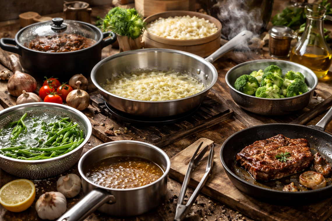 Rustikale Küchenszene mit verschiedenen Kochtechniken: Zwiebeln werden in einer Edelstahlpfanne gedünstet, ein Steak wird in einer Gusseisenpfanne angebraten, Brokkoli liegt im Dämpfeinsatz, grüne Bohnen werden blanchiert und ein Schmorgericht köchelt im Topf auf einem Holztisch mit frischen Zutaten wie Knoblauch, Tomaten und Kräutern.