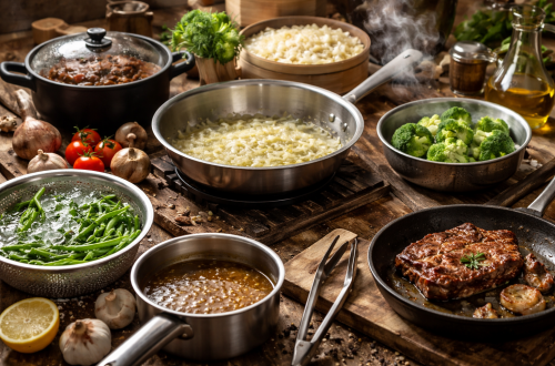 Rustikale Küchenszene mit verschiedenen Kochtechniken: Zwiebeln werden in einer Edelstahlpfanne gedünstet, ein Steak wird in einer Gusseisenpfanne angebraten, Brokkoli liegt im Dämpfeinsatz, grüne Bohnen werden blanchiert und ein Schmorgericht köchelt im Topf auf einem Holztisch mit frischen Zutaten wie Knoblauch, Tomaten und Kräutern.