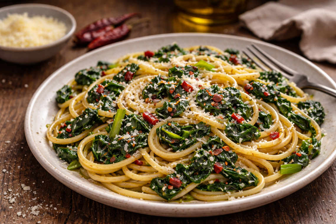 Fotorealistischer Teller Spaghetti mit Mangold, Knoblauch, Chiliflocken und frisch geriebenem Parmesan, angerichtet auf einem rustikalen Holztisch mit mediterraner Atmosphäre. 🍝🌿
