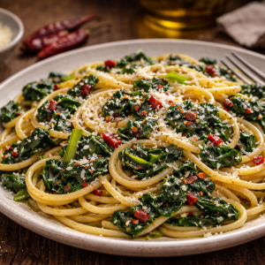 Fotorealistischer Teller Spaghetti mit Mangold, Knoblauch, Chiliflocken und frisch geriebenem Parmesan, angerichtet auf einem rustikalen Holztisch mit mediterraner Atmosphäre. 🍝🌿
