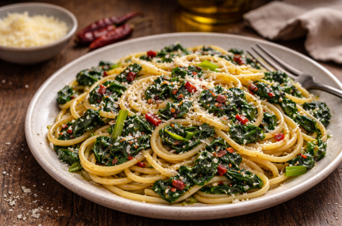 Fotorealistischer Teller Spaghetti mit Mangold, Knoblauch, Chiliflocken und frisch geriebenem Parmesan, angerichtet auf einem rustikalen Holztisch mit mediterraner Atmosphäre. 🍝🌿
