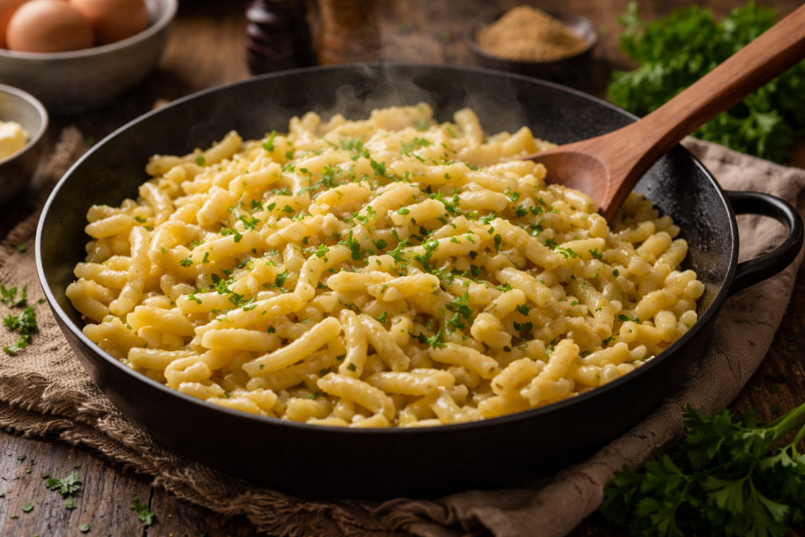 Frisch zubereitete, goldgelbe Spätzle in einer schwarzen Pfanne, mit geschmolzener Butter und fein gehackter Petersilie verfeinert, dampfend serviert auf einem rustikalen Holztisch in warmer, natürlicher Beleuchtung.