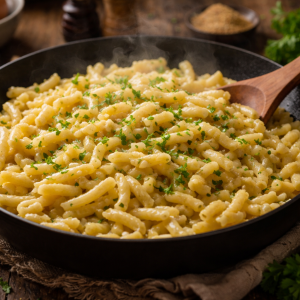 Frisch zubereitete, goldgelbe Spätzle in einer schwarzen Pfanne, mit geschmolzener Butter und fein gehackter Petersilie verfeinert, dampfend serviert auf einem rustikalen Holztisch in warmer, natürlicher Beleuchtung.