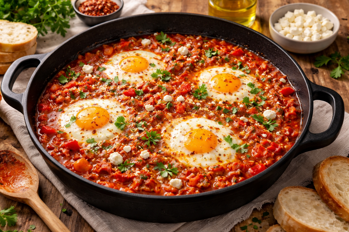 Fotorealistische Shakshuka in einer gusseisernen Pfanne mit pochierten Eiern in würziger Tomaten-Paprika-Sauce, garniert mit Petersilie und Feta, serviert mit frischem Brot auf einem rustikalen Holztisch.