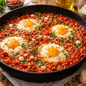 Fotorealistische Shakshuka in einer gusseisernen Pfanne mit pochierten Eiern in würziger Tomaten-Paprika-Sauce, garniert mit Petersilie und Feta, serviert mit frischem Brot auf einem rustikalen Holztisch.