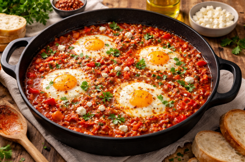 Fotorealistische Shakshuka in einer gusseisernen Pfanne mit pochierten Eiern in würziger Tomaten-Paprika-Sauce, garniert mit Petersilie und Feta, serviert mit frischem Brot auf einem rustikalen Holztisch.