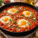 Fotorealistische Shakshuka in einer gusseisernen Pfanne mit pochierten Eiern in würziger Tomaten-Paprika-Sauce, garniert mit Petersilie und Feta, serviert mit frischem Brot auf einem rustikalen Holztisch.