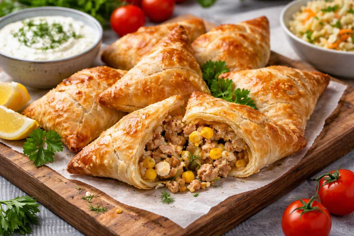 Goldbraune, knusprige Blätterteig-Ecken gefüllt mit würzigem Mett, Feta, Mais und Zwiebeln, auf einem Holzbrett angerichtet und mit Tzatziki sowie frischen Kräutern serviert – herzhaftes Fingerfood-Rezept.