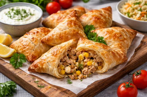 Goldbraune, knusprige Blätterteig-Ecken gefüllt mit würzigem Mett, Feta, Mais und Zwiebeln, auf einem Holzbrett angerichtet und mit Tzatziki sowie frischen Kräutern serviert – herzhaftes Fingerfood-Rezept.
