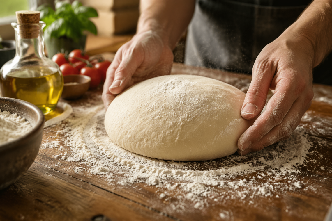 Frischer Pizzateig wird auf bemehlter Holzfläche von Hand geformt – direkter Pizzateig Rezept Schritt für Schritt