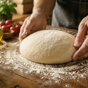 Frischer Pizzateig wird auf bemehlter Holzfläche von Hand geformt – direkter Pizzateig Rezept Schritt für Schritt