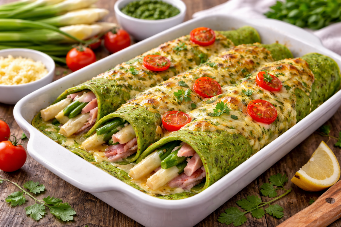 Bärlauch Pfannkuchen mit Spargel und Schinken in Auflaufform überbacken mit Käse, grüne Pfannkuchen mit weißem Spargel und Kirschtomaten, frisches Frühlingsgericht