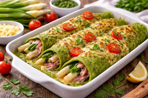 Bärlauch Pfannkuchen mit Spargel und Schinken in Auflaufform überbacken mit Käse, grüne Pfannkuchen mit weißem Spargel und Kirschtomaten, frisches Frühlingsgericht